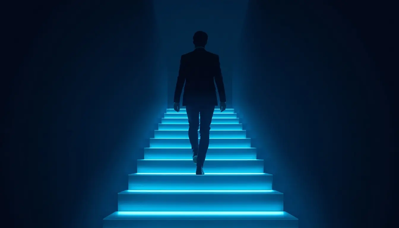 A person climbing a staircase of glowing steps